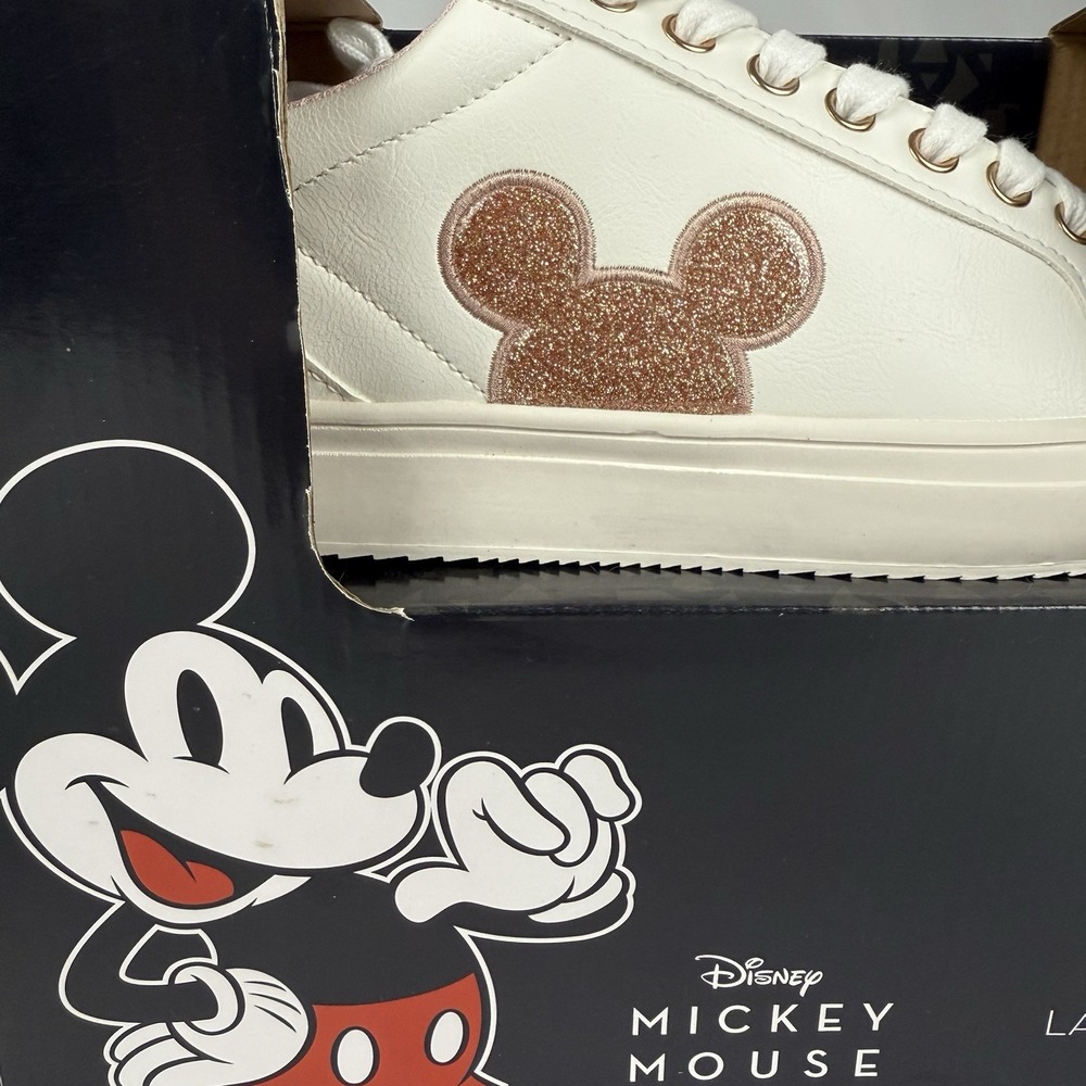 Disney White Sneakers with Rose Gold Glitter Mickey Accent